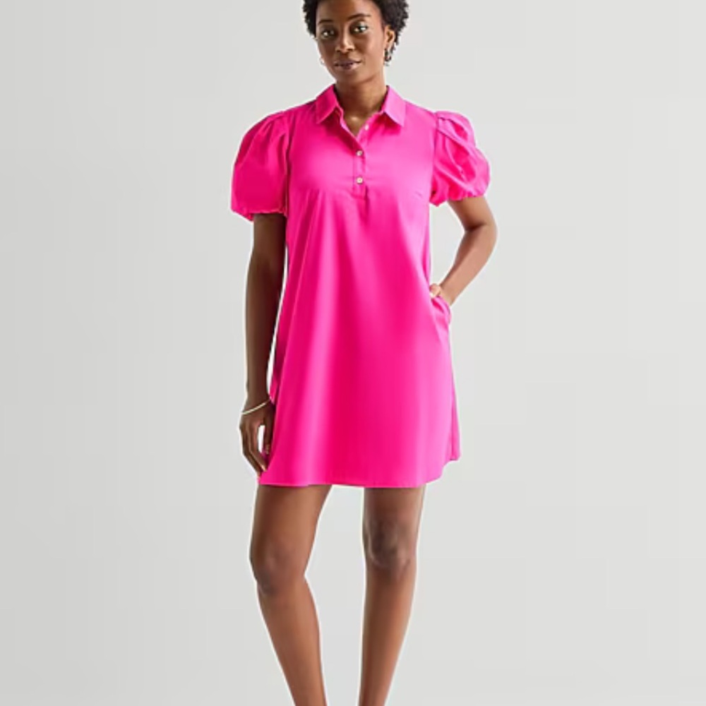 Puff Sleeve Polo Mini Dress in Hot Pink